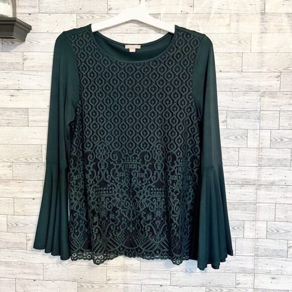 POINTELLE Green Lace Overlay Blouse With Bell Sleeves, L - Picture 3 of 8